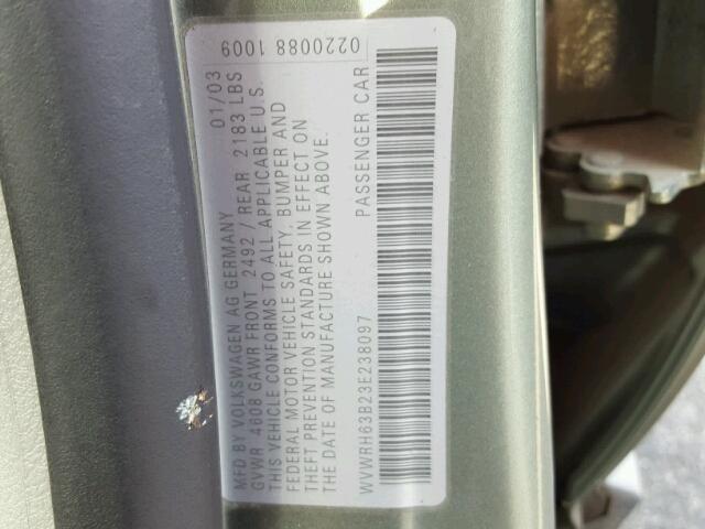 WVWRH63B23E238097 - 2003 VOLKSWAGEN PASSAT GLX 绿色 照片 10