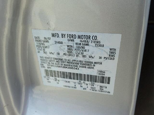 1FMCU94128KA95343 - 2008 FORD ESCAPE SILVER photo 10