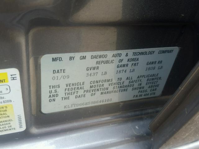 KL1TD66E59B646103 - 2009 CHEVROLET AVEO LS GRAY photo 10