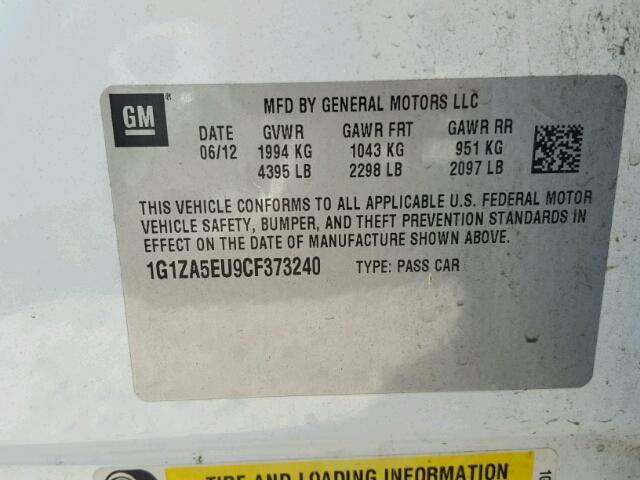 1G1ZA5EU9CF373240 - 2012 CHEVROLET MALIBU LS 白色 照片 10