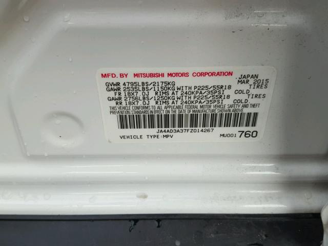 JA4AD3A37FZ014267 - 2015 MITSUBISHI OUTLANDER WHITE photo 10