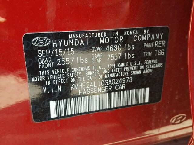 KMHE24L10GA024973 - 2016 HYUNDAI SONATA HYB RED photo 10