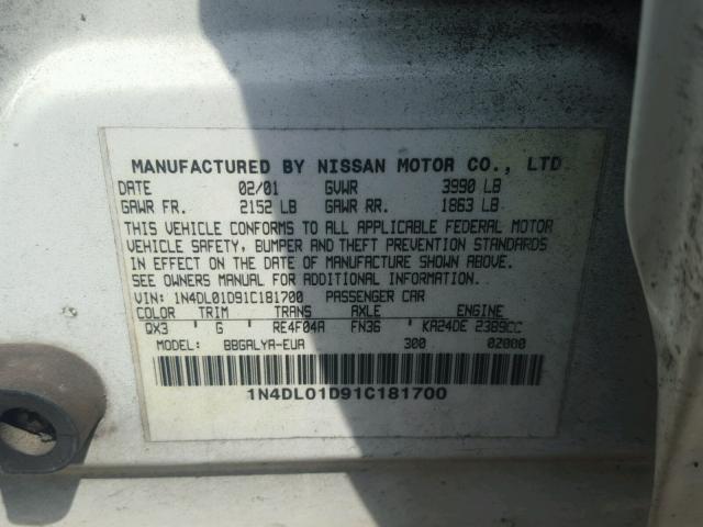 1N4DL01D91C181700 - 2001 NISSAN ALTIMA XE WHITE photo 10