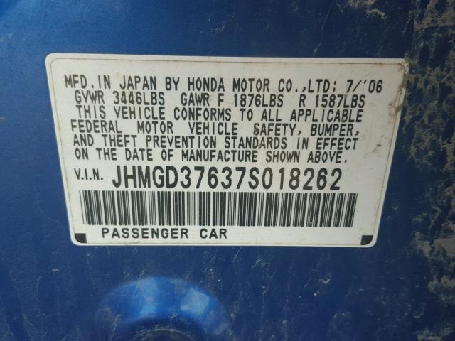 JHMGD37637S018262 - 2007 HONDA FIT S BLUE photo 10