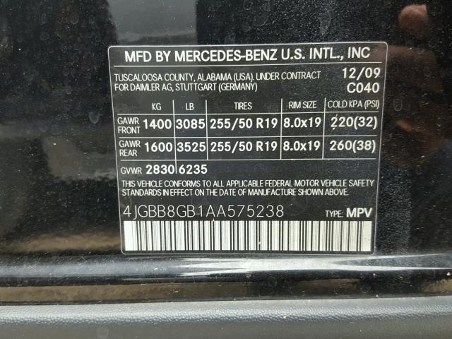 4JGBB8GB1AA575238 - 2010 MERCEDES-BENZ ML 350 4MA BLACK photo 10