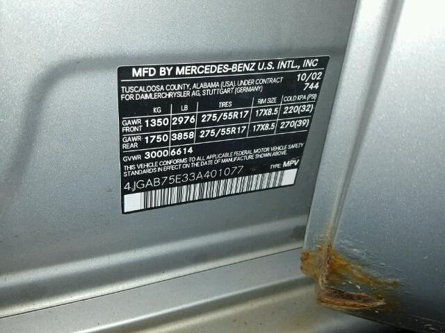 4JGAB75E33A401077 - 2003 MERCEDES-BENZ ML 500 SILVER photo 10