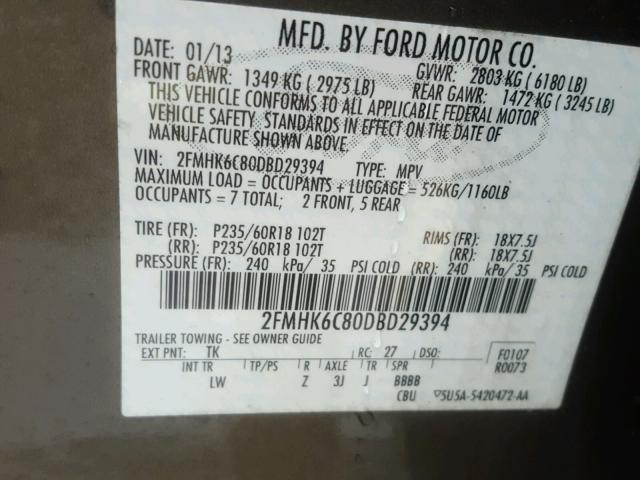 2FMHK6C80DBD29394 - 2013 FORD FLEX SEL ბეჟი ფოტო 10