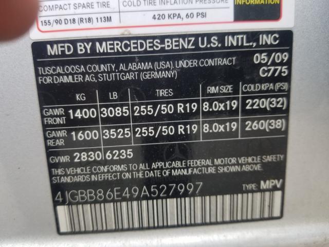 4JGBB86E49A527997 - 2009 MERCEDES-BENZ ML 350 SILVER photo 10