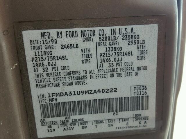 1FMDA31U9MZA40222 - 1991 FORD AEROSTAR BROWN photo 10