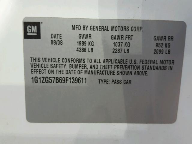 1G1ZG57B69F139611 - 2009 CHEVROLET MALIBU LS 白色 照片 10