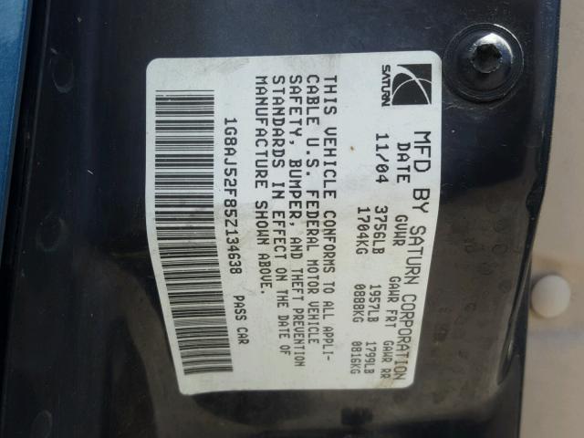 1G8AJ52F85Z134638 - 2005 SATURN ION LEVEL GREEN photo 10