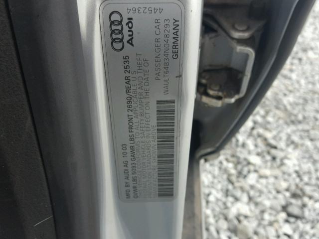 WAULT64B34N048293 - 2004 AUDI A6 3.0 QUA SILVER photo 10