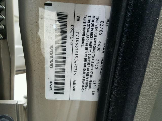 YV1RS612152475716 - 2005 VOLVO S60 أسمر صورة 10
