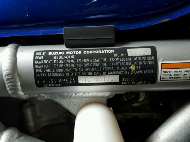 JS1VP52A412104172 - 2001 SUZUKI SV650 S BLUE photo 10