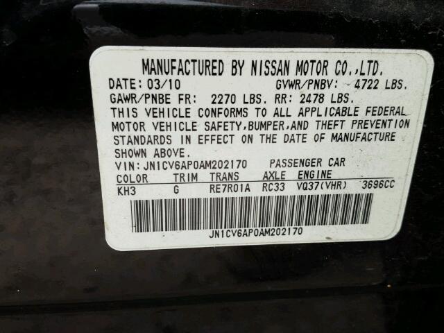 JN1CV6AP0AM202170 - 2010 INFINITI G37 BASE BLACK photo 10