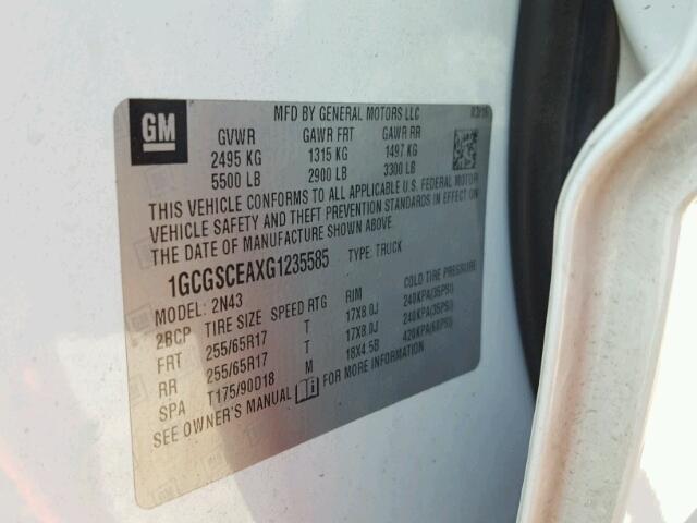 1GCGSCEAXG1235585 - 2016 CHEVROLET COLORADO L WHITE photo 10