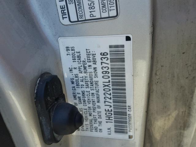 1HGEJ7220XL093736 - 1999 HONDA CIVIC HX SILVER photo 10