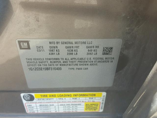 1G1ZC5E19BF316499 - 2011 CHEVROLET MALIBU 1LT 棕色 照片 10