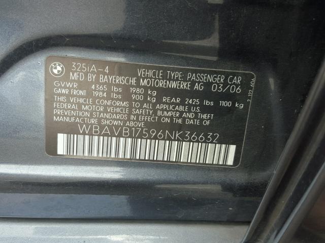 WBAVB17596NK36632 - 2006 BMW 325 I AUTO CHARCOAL photo 10