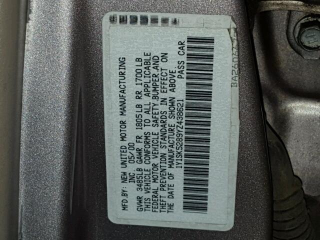 1Y1SK5289YZ438621 - 2000 CHEVROLET GEO PRIZM 灰色 照片 10