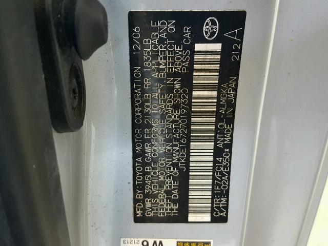 JTKDE167270197320 - 2007 TOYOTA SCION TC 银色 照片 10