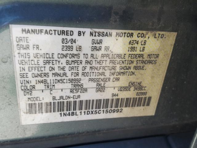 1N4BL11DX5C150992 - 2005 NISSAN ALTIMA SE GREEN photo 10