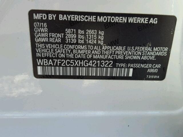 WBA7F2C5XHG421322 - 2017 BMW 750 XI WHITE photo 10