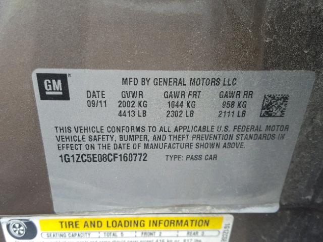 1G1ZC5E08CF160772 - 2012 CHEVROLET MALIBU 1LT BEIGE photo 10