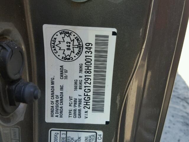 2HGFG12918H001349 - 2008 HONDA CIVIC EXL Boz foto 10