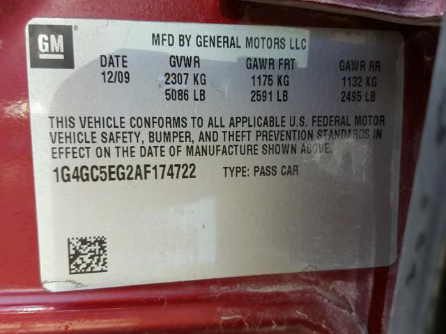 1G4GC5EG2AF174722 - 2010 BUICK LACROSSE C RED photo 10