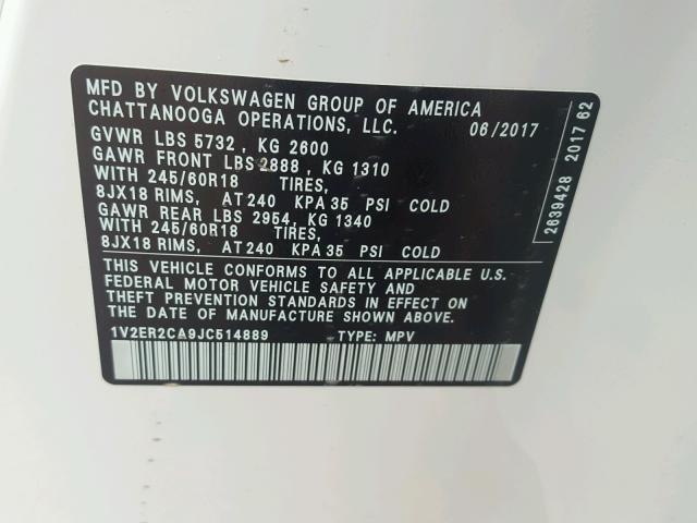 1V2ER2CA9JC514889 - 2018 VOLKSWAGEN ATLAS SEL Ağ foto 10