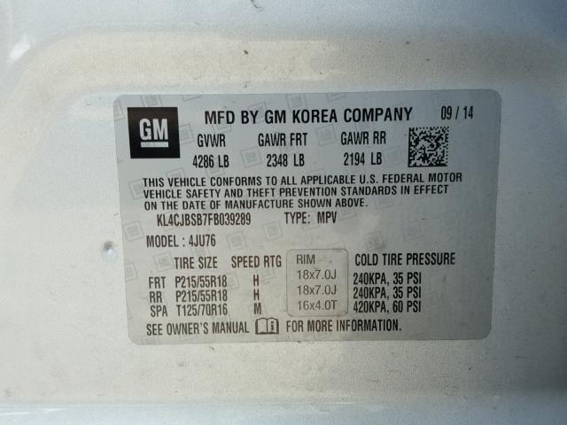 KL4CJBSB7FB039289 - 2015 BUICK ENCORE CON SILVER photo 10