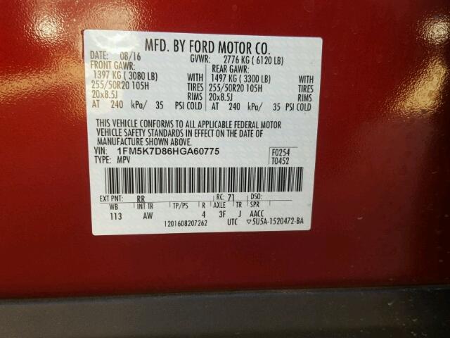 1FM5K7D86HGA60775 - 2017 FORD EXPLORER X RED photo 10