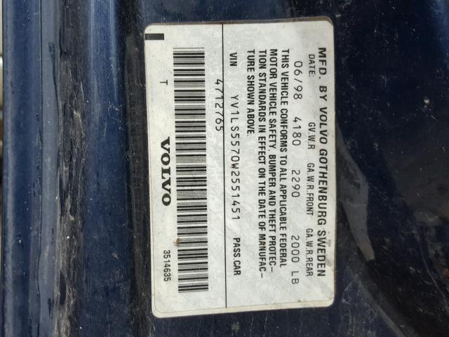 YV1LS5570W2551451 - 1998 VOLVO S70 BLUE photo 10