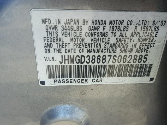 JHMGD38687S062885 - 2007 HONDA FIT S SILVER photo 10