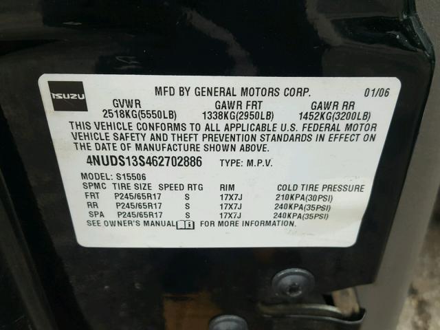 4NUDS13S462702886 - 2006 ISUZU ASCENDER S BLACK photo 10