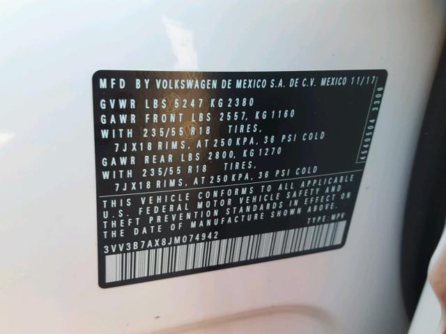 3VV3B7AX8JM074942 - 2018 VOLKSWAGEN TIGUAN SE WHITE photo 10