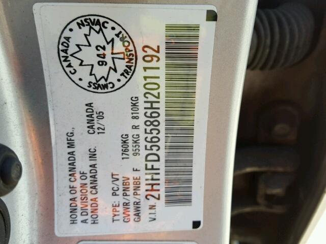 2HHFD56586H201192 - 2006 ACURA CSX TOURIN SILVER photo 10