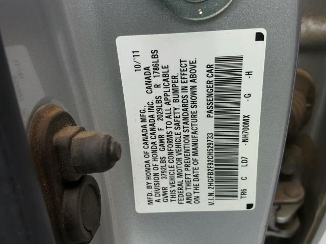 2HGFB2F92CH529733 - 2012 HONDA CIVIC EXL SILVER photo 10