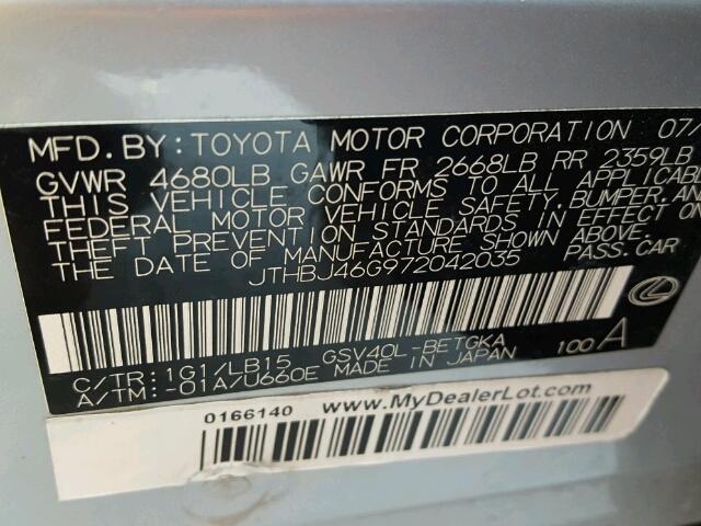 JTHBJ46G972042035 - 2007 LEXUS ES 350 SILVER photo 10