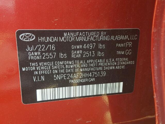 5NPE24AF2HH475139 - 2017 HYUNDAI SONATA SE RED photo 10