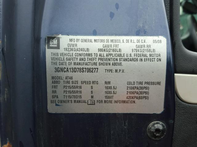 3GNCA13D78S706277 - 2008 CHEVROLET HHR LS BLUE photo 10