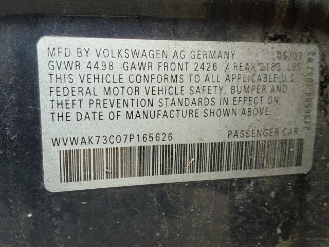 WVWAK73C07P165626 - 2007 VOLKSWAGEN PASSAT BLUE photo 10