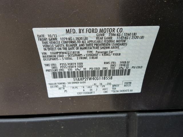 1FAHP2FW4CG118558 - 2012 FORD TAURUS LIM GRAY photo 10