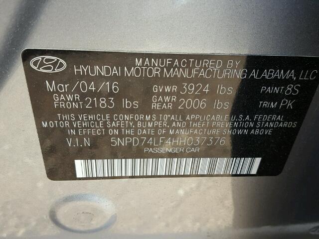 5NPD74LF4HH037376 - 2017 HYUNDAI ELANTRA SE SILVER photo 10