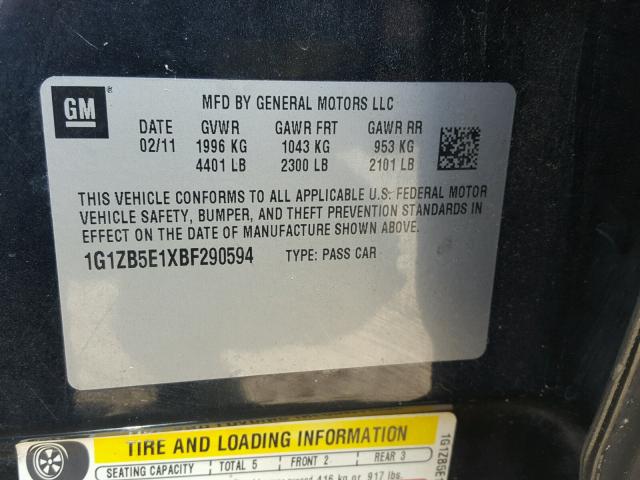 1G1ZB5E1XBF290594 - 2011 CHEVROLET MALIBU LS BLACK photo 10