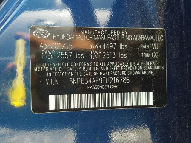 5NPE34AF9FH216786 - 2015 HYUNDAI SONATA SPO BLUE photo 10