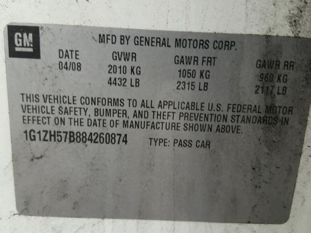 1G1ZH57B884260874 - 2008 CHEVROLET MALIBU 1LT WHITE photo 10