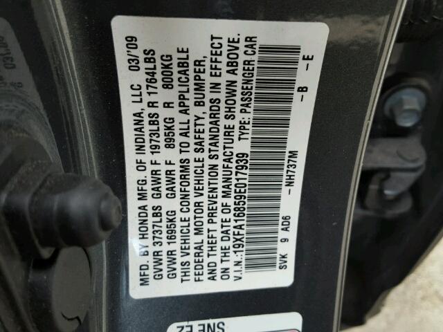 19XFA16859E017939 - 2009 HONDA CIVIC EX GRAY photo 10