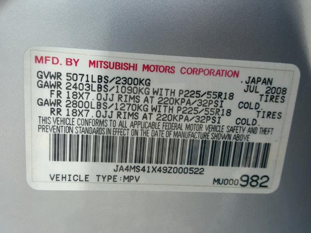 JA4MS41X49Z000522 - 2009 MITSUBISHI OUTLANDER SILVER photo 10